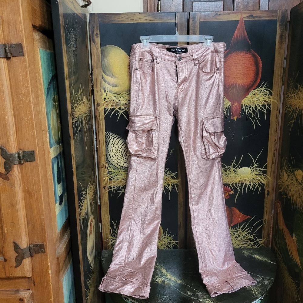 Metallic Pink Bootcut Cargo Jeans by Alarashi
